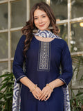 Attractive Navy Blue Rayon Thread Work Festive Wear Pant Suit With Printed Dupatta