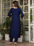 Attractive Navy Blue Rayon Thread Work Festive Wear Pant Suit With Printed Dupatta