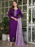 Mesmerizing Wine Rayon Thread Work Festive Wear Pant Suit With Printed Dupatta