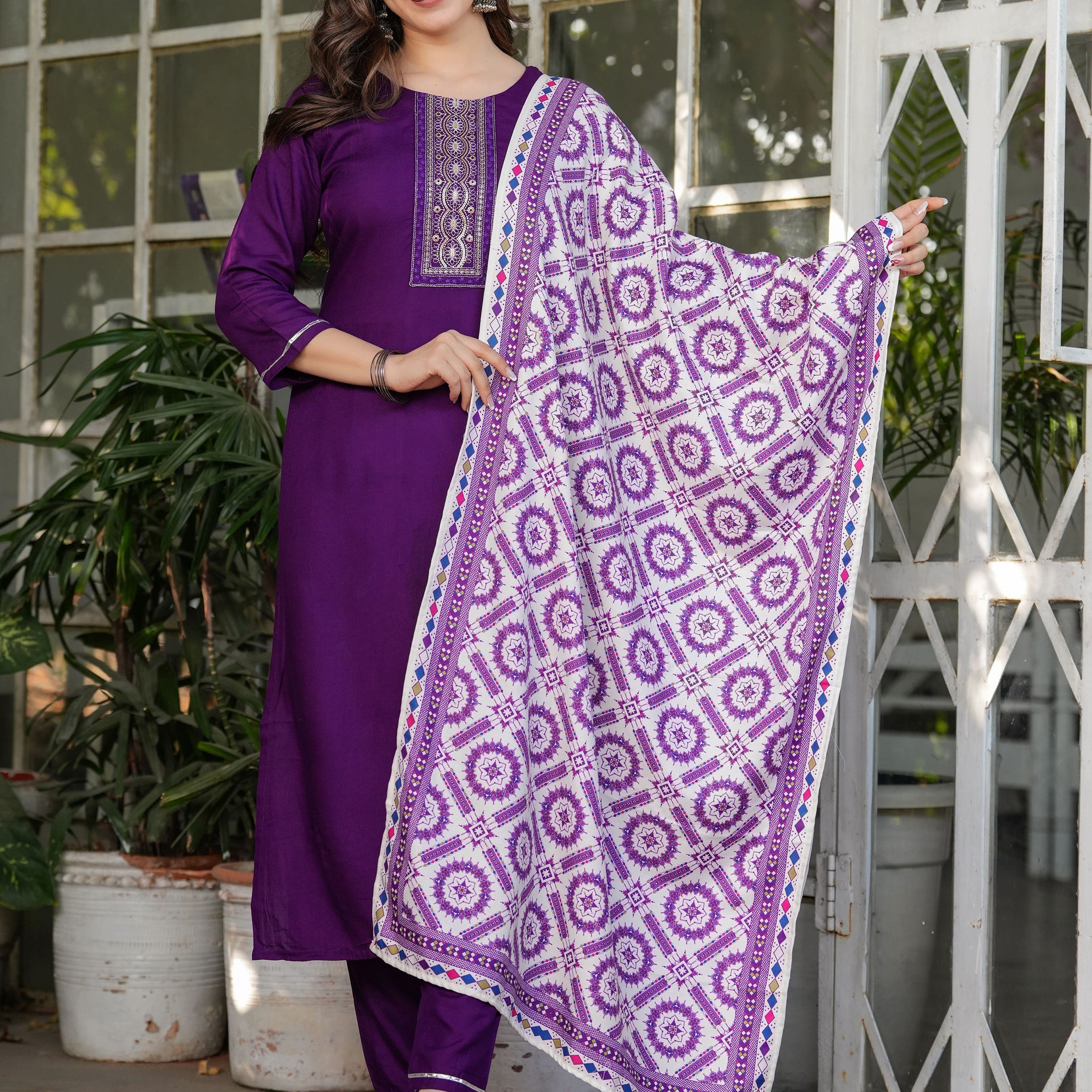 Mesmerizing Wine Rayon Thread Work Festive Wear Pant Suit With Printed Dupatta