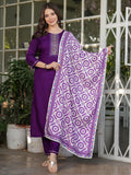 Mesmerizing Wine Rayon Thread Work Festive Wear Pant Suit With Printed Dupatta