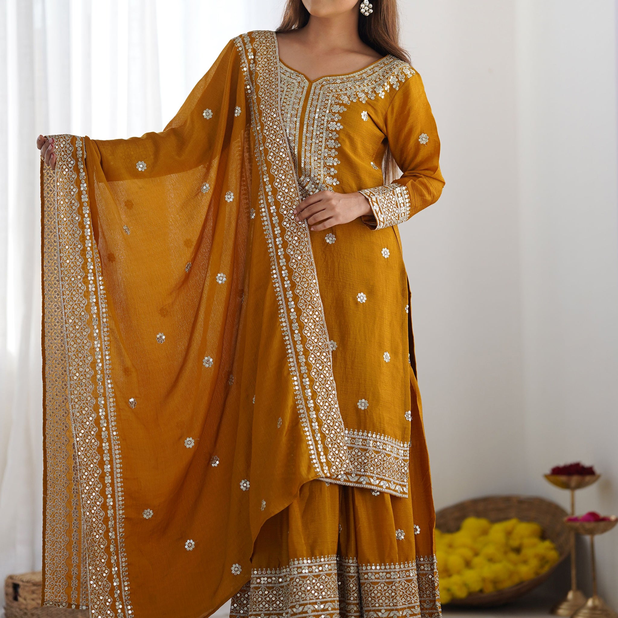 Stunning Mustard Yellow Sequins Chinon Festive Wear Sharara Suit