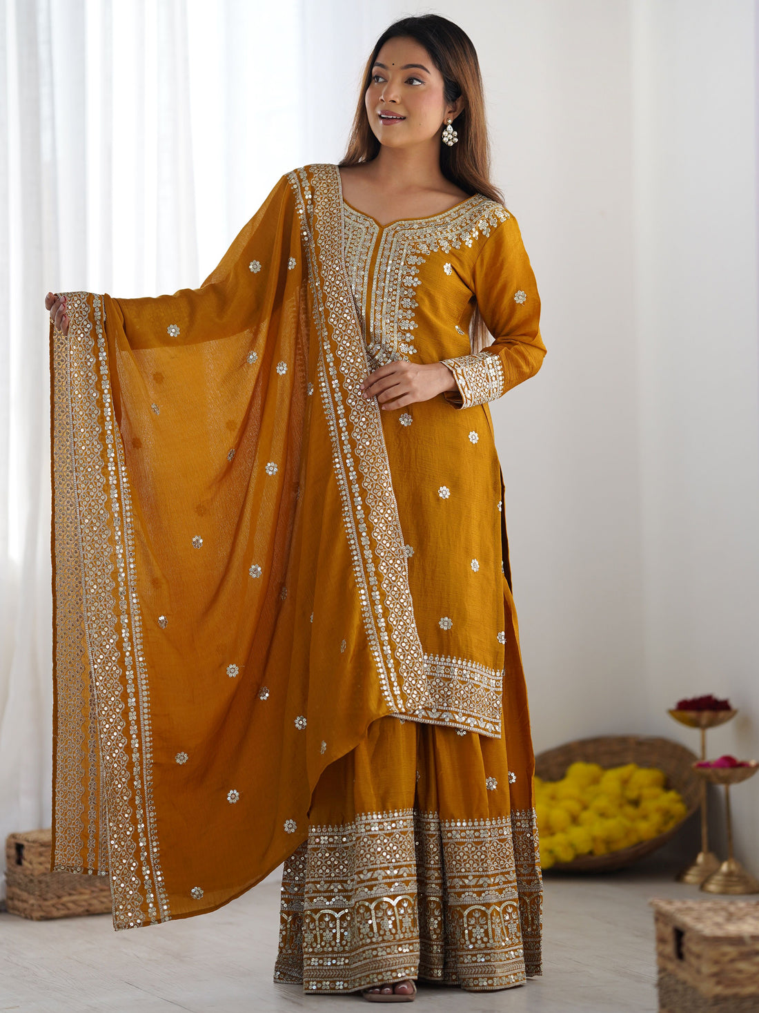 Stunning Mustard Yellow Sequins Chinon Festive Wear Sharara Suit