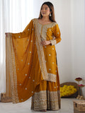 Stunning Mustard Yellow Sequins Chinon Festive Wear Sharara Suit