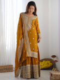 Stunning Mustard Yellow Sequins Chinon Festive Wear Sharara Suit