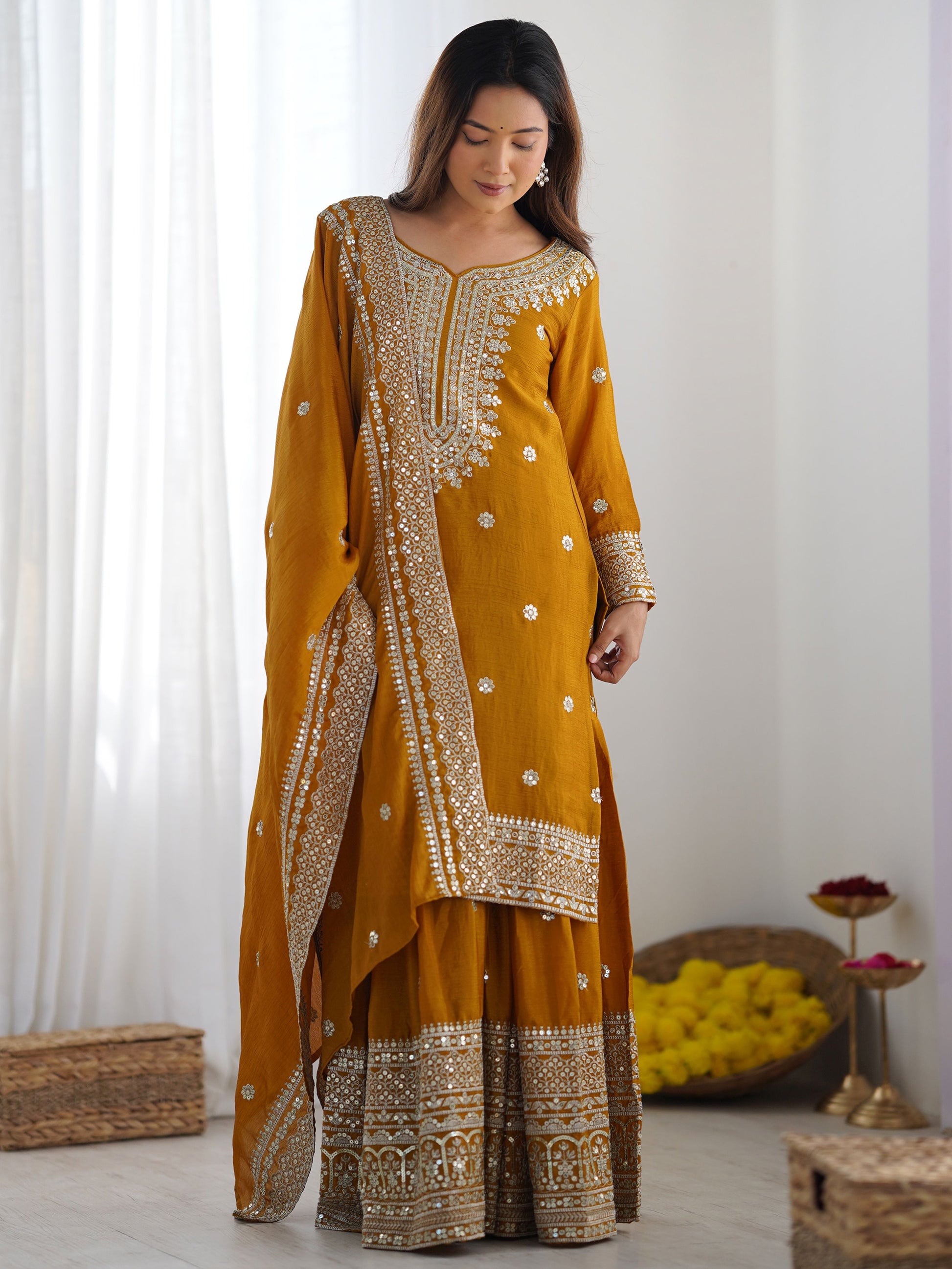 Stunning Mustard Yellow Sequins Chinon Festive Wear Sharara Suit
