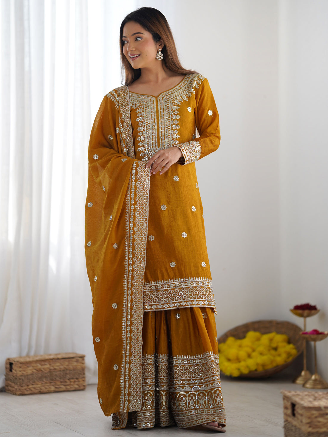 Stunning Mustard Yellow Sequins Chinon Festive Wear Sharara Suit