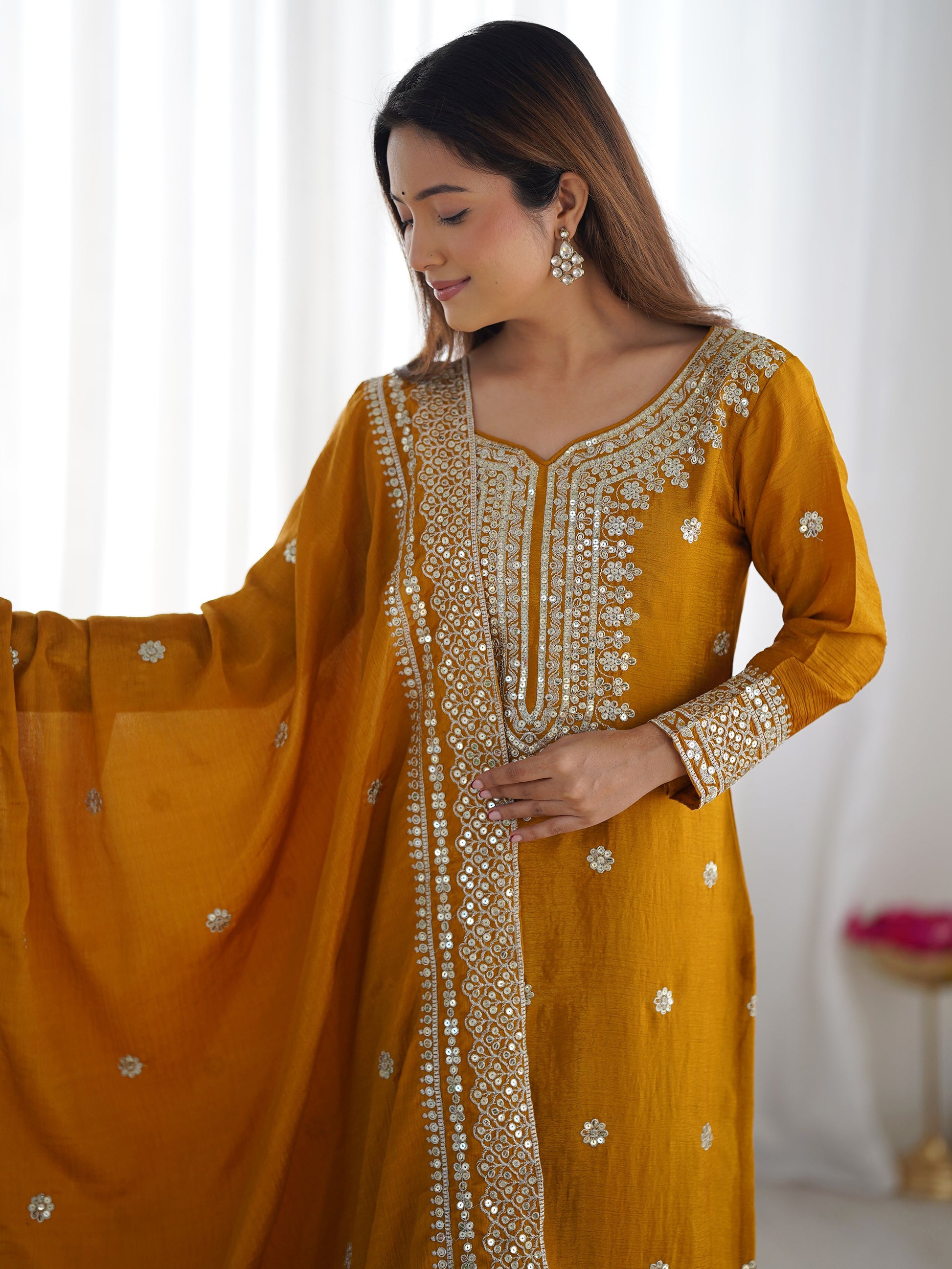 Stunning Mustard Yellow Sequins Chinon Festive Wear Sharara Suit