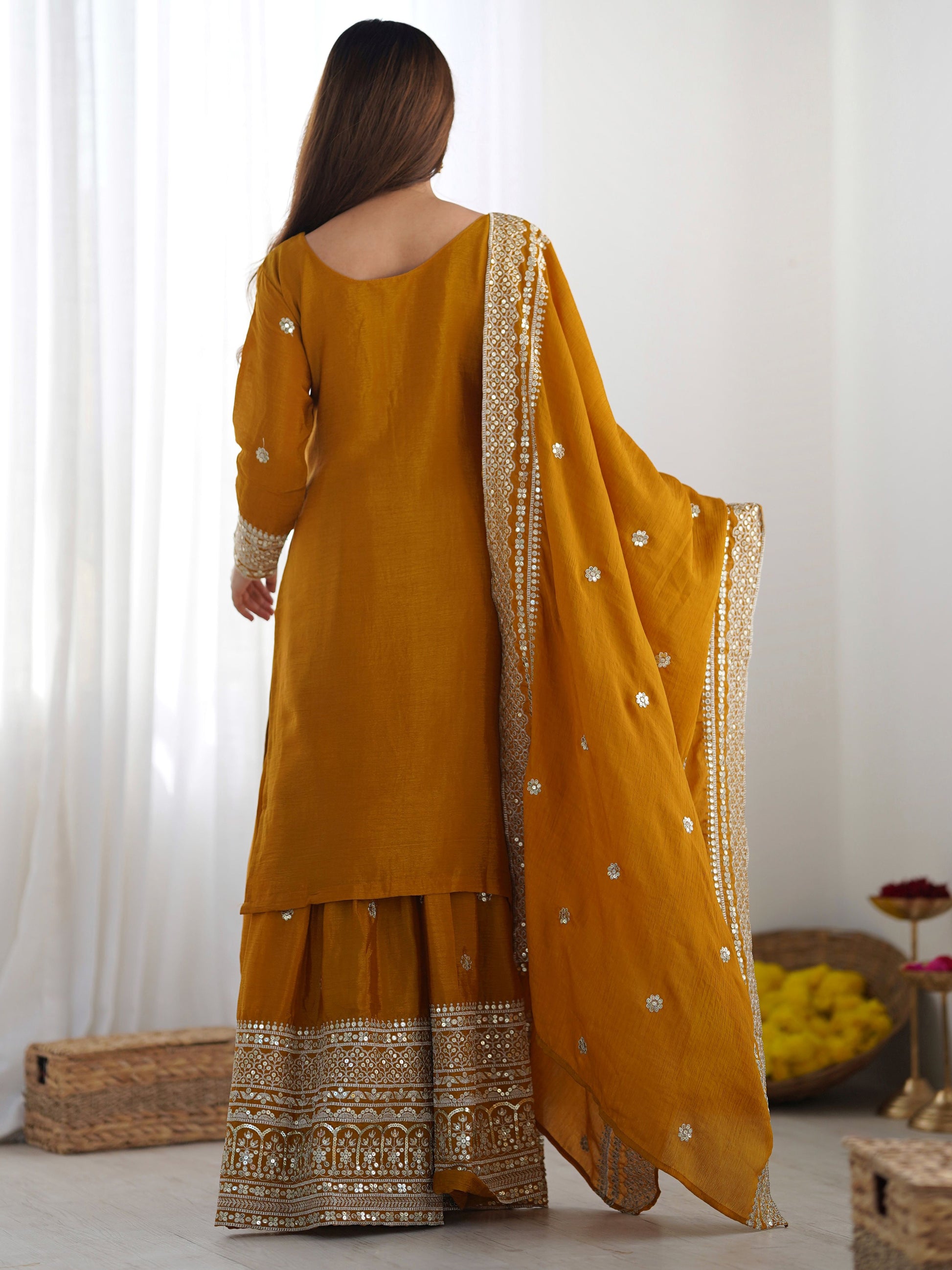 Stunning Mustard Yellow Sequins Chinon Festive Wear Sharara Suit