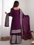 Mesmerizing Wine Sequins Chinon Bridal Wear Sharara Suit With Dupatta