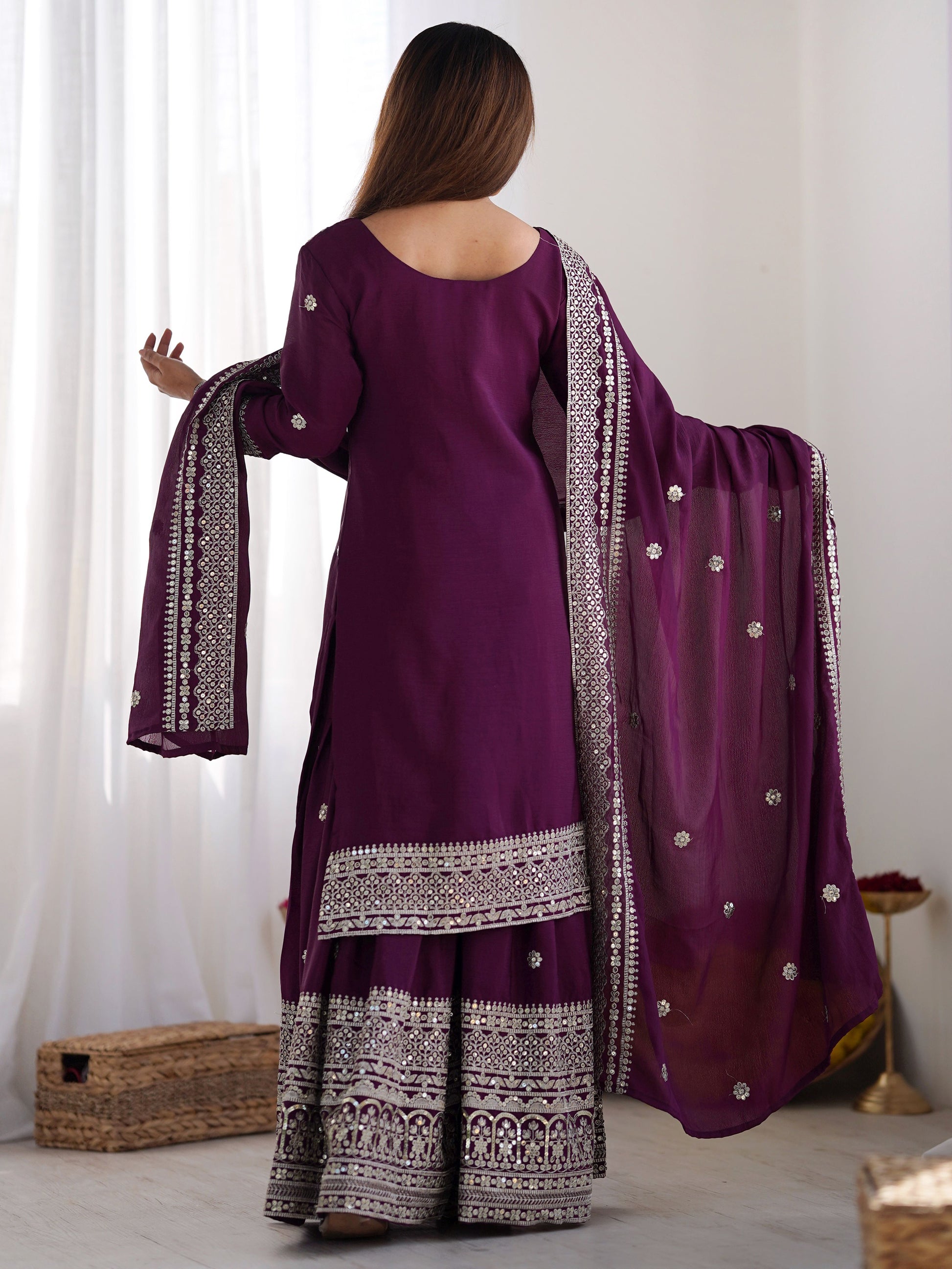 Mesmerizing Wine Sequins Chinon Bridal Wear Sharara Suit With Dupatta