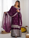 Mesmerizing Wine Sequins Chinon Bridal Wear Sharara Suit With Dupatta