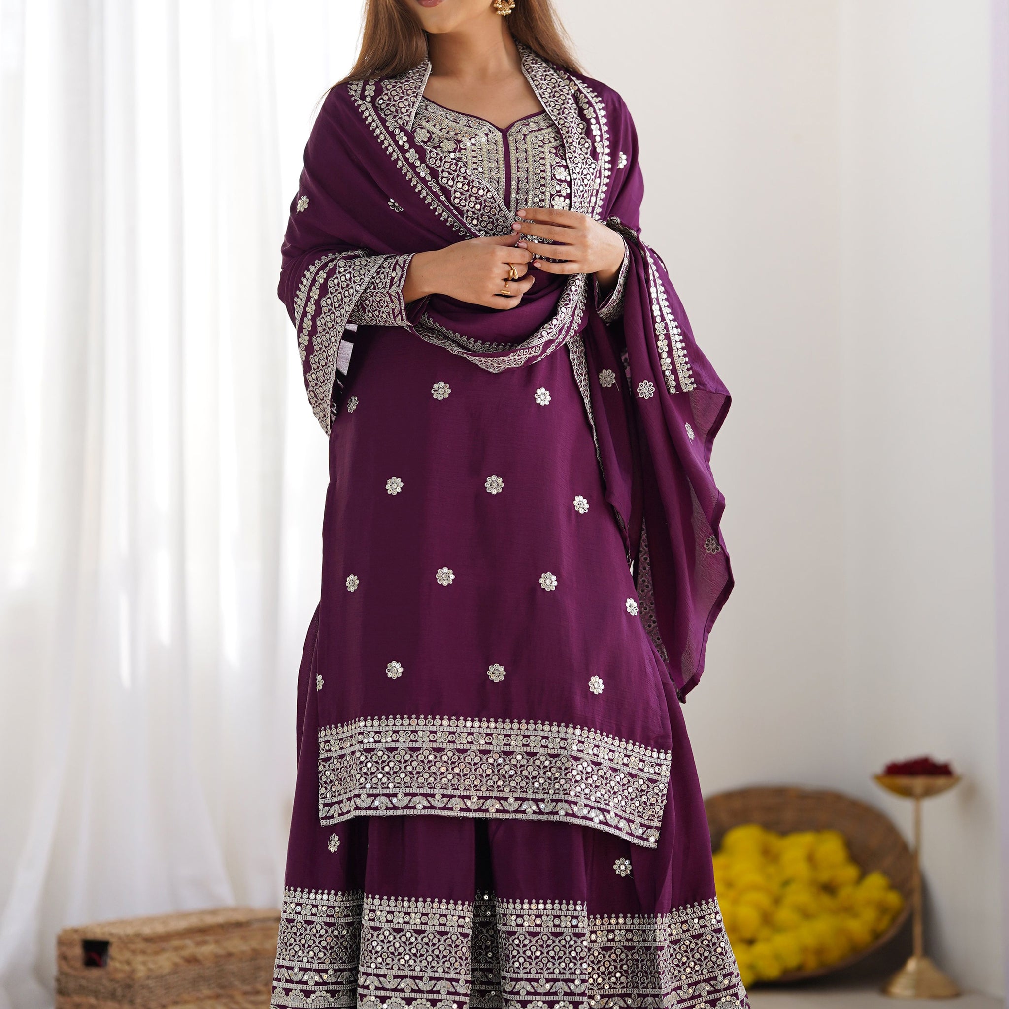 Mesmerizing Wine Sequins Chinon Bridal Wear Sharara Suit With Dupatta