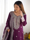 Mesmerizing Wine Sequins Chinon Bridal Wear Sharara Suit With Dupatta