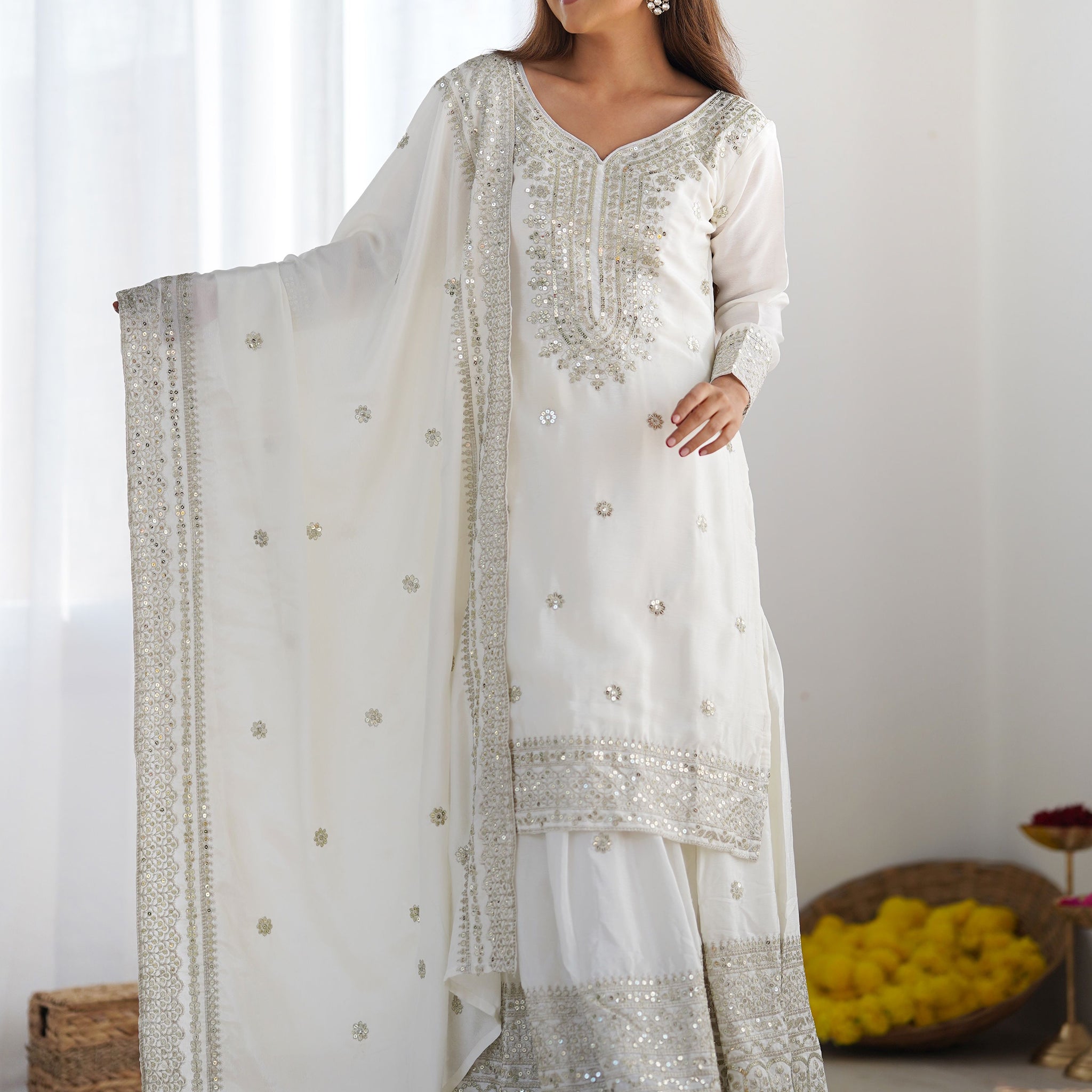 Adorable Off-White Sequins Chinon Eid Special Sharara Suit With Dupatta