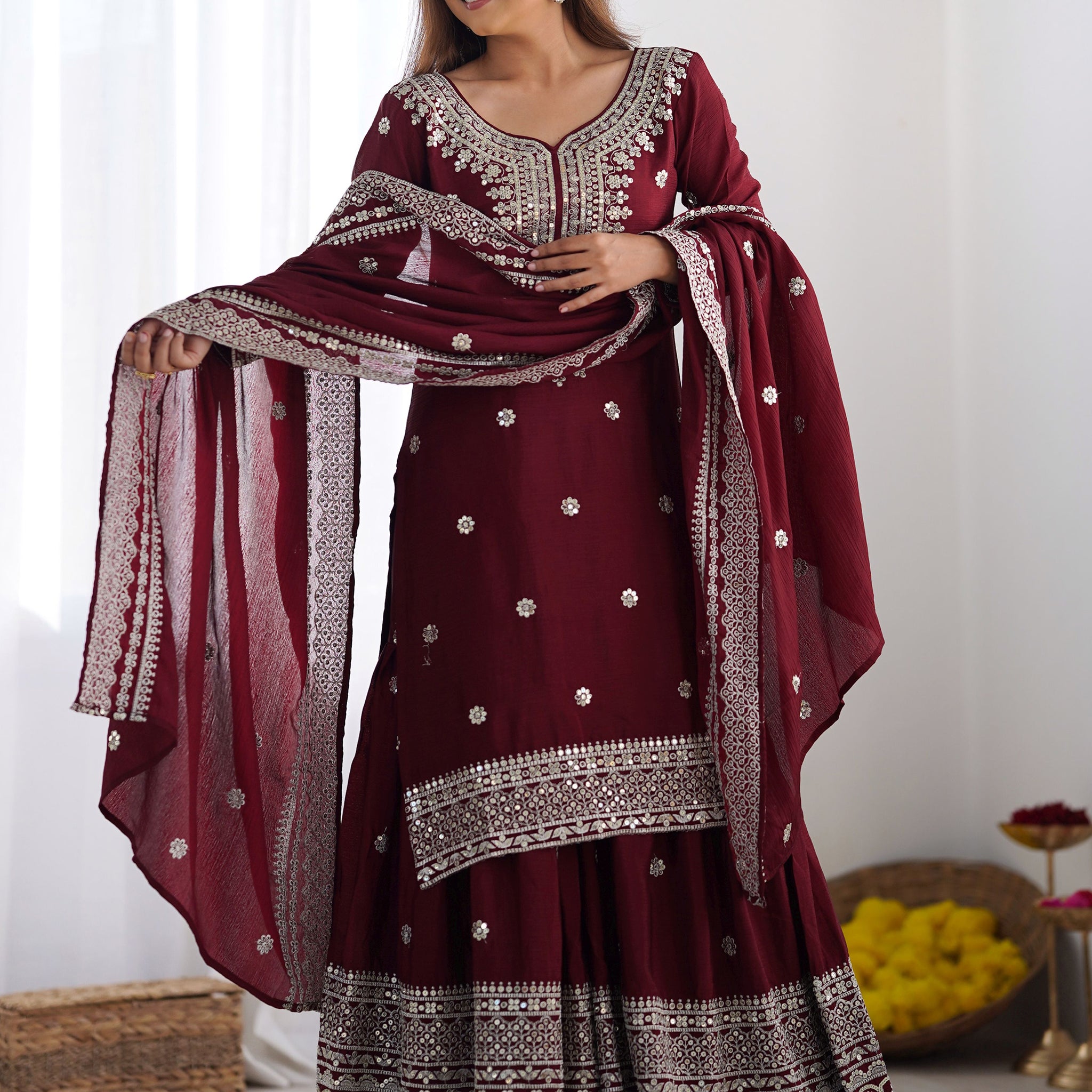 Ravishing Maroon Sequins Chinon Traditional Sharara Suit With Dupatta