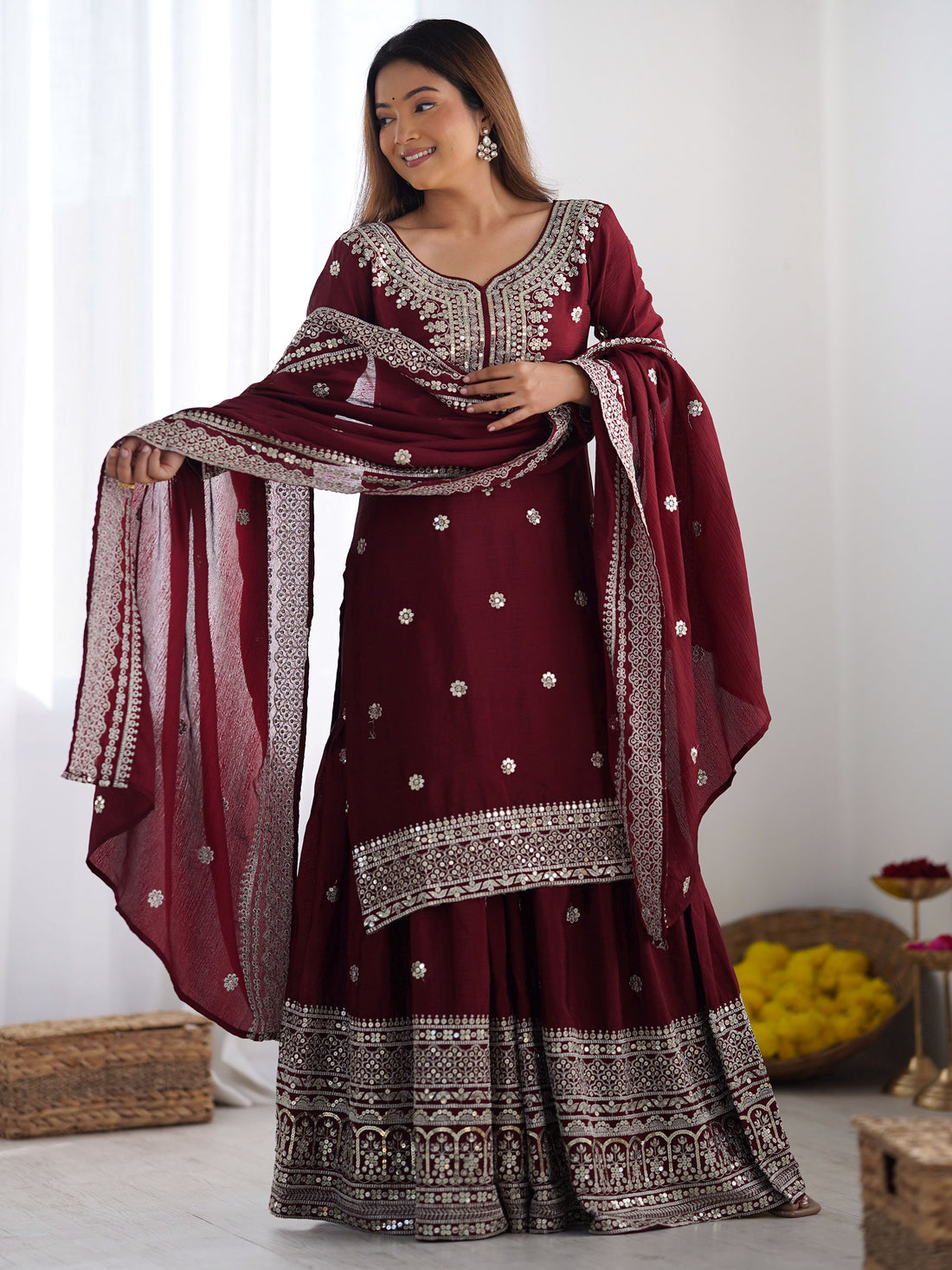 Ravishing Maroon Sequins Chinon Traditional Sharara Suit With Dupatta