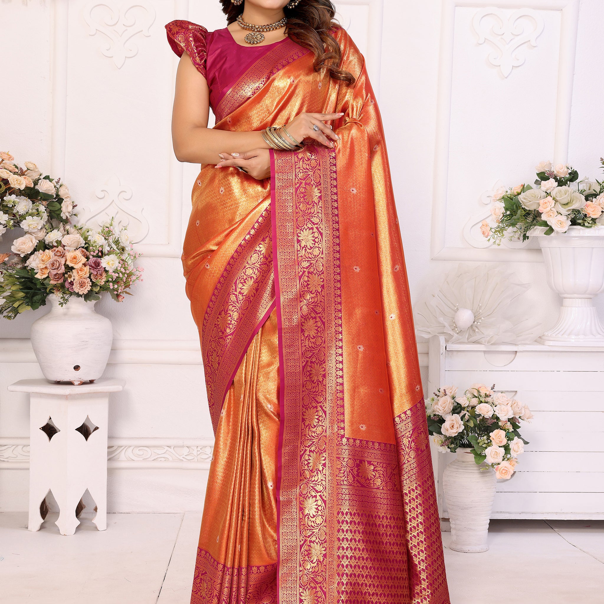 Elegant Orange Zari Weaving Banarasi Silk Festive Wear Saree With Blouse