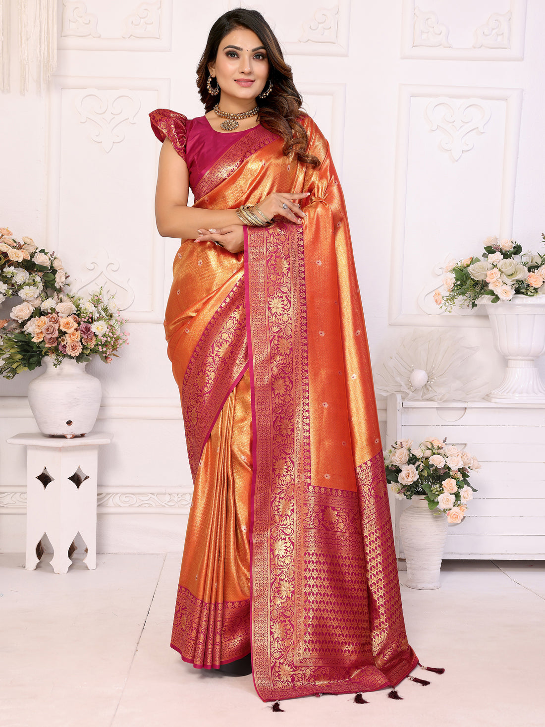 Elegant Orange Zari Weaving Banarasi Silk Festive Wear Saree With Blouse