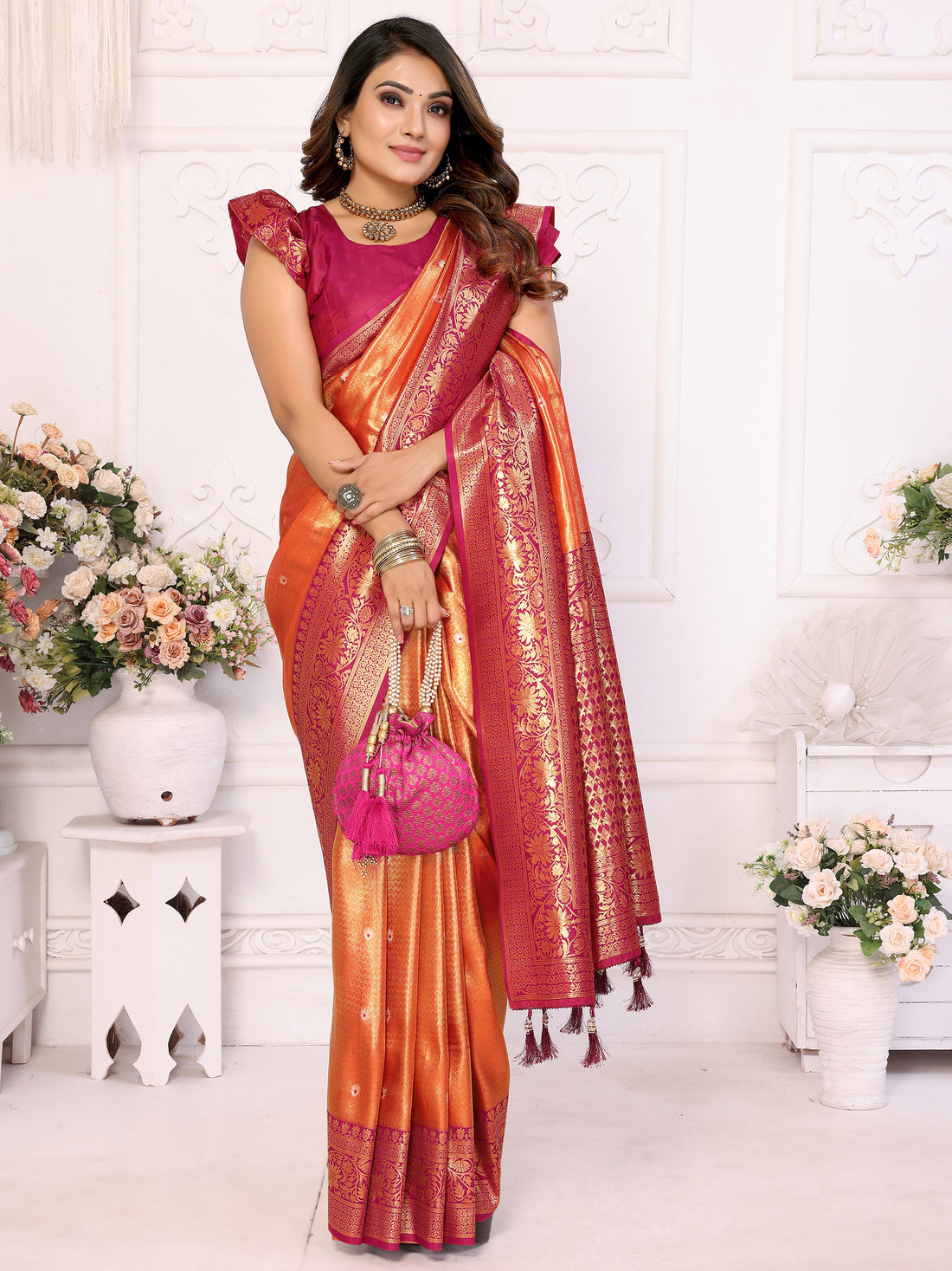 Elegant Orange Zari Weaving Banarasi Silk Festive Wear Saree With Blouse