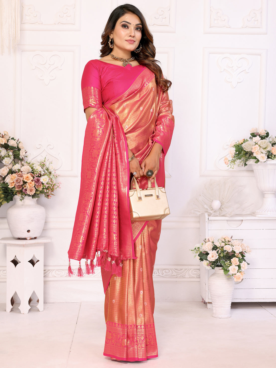 Spectacular Pink Zari Weaving Banarasi Silk Saree With Blouse