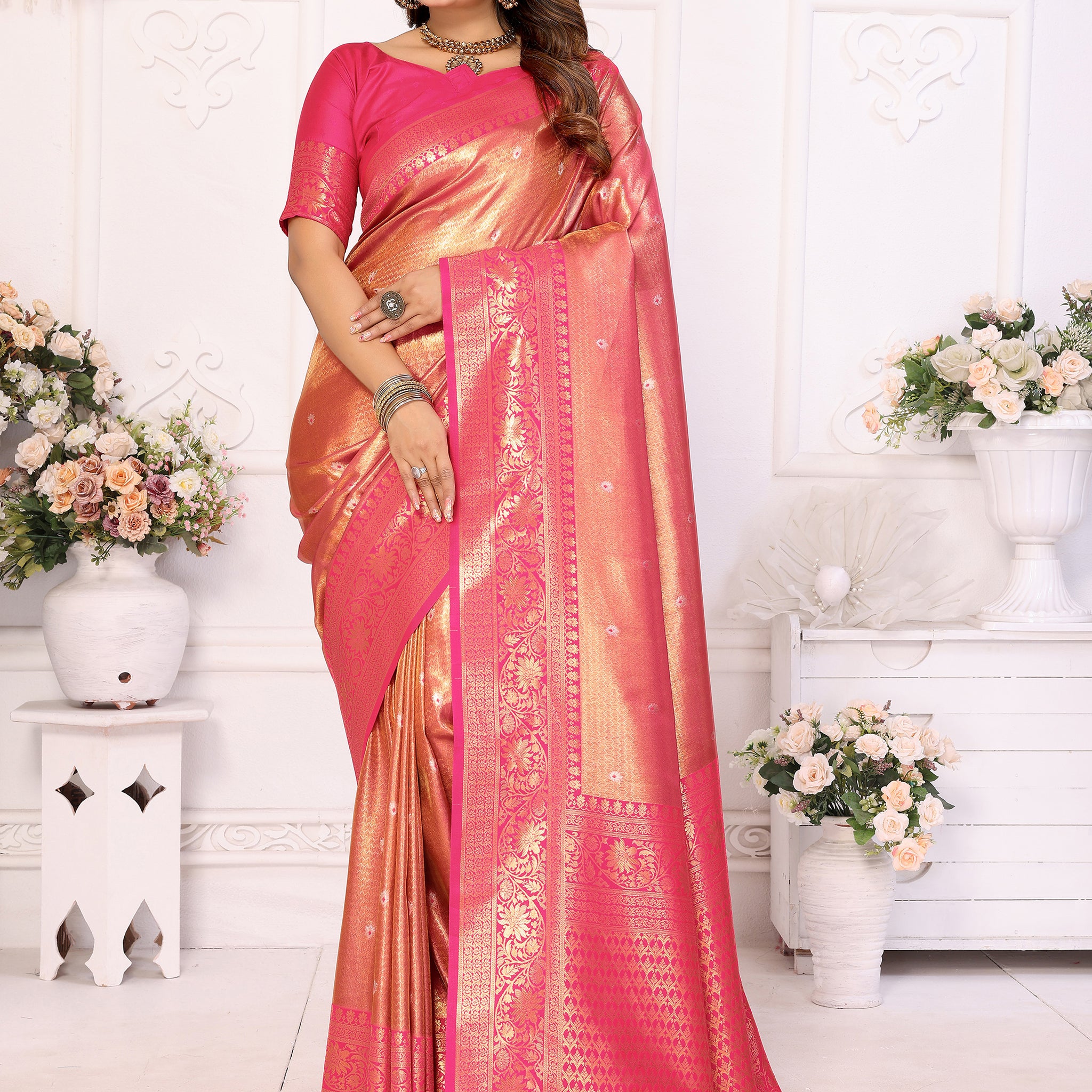 Spectacular Pink Zari Weaving Banarasi Silk Saree With Blouse