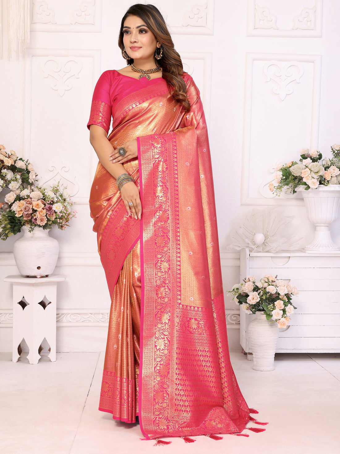 Spectacular Pink Zari Weaving Banarasi Silk Saree With Blouse