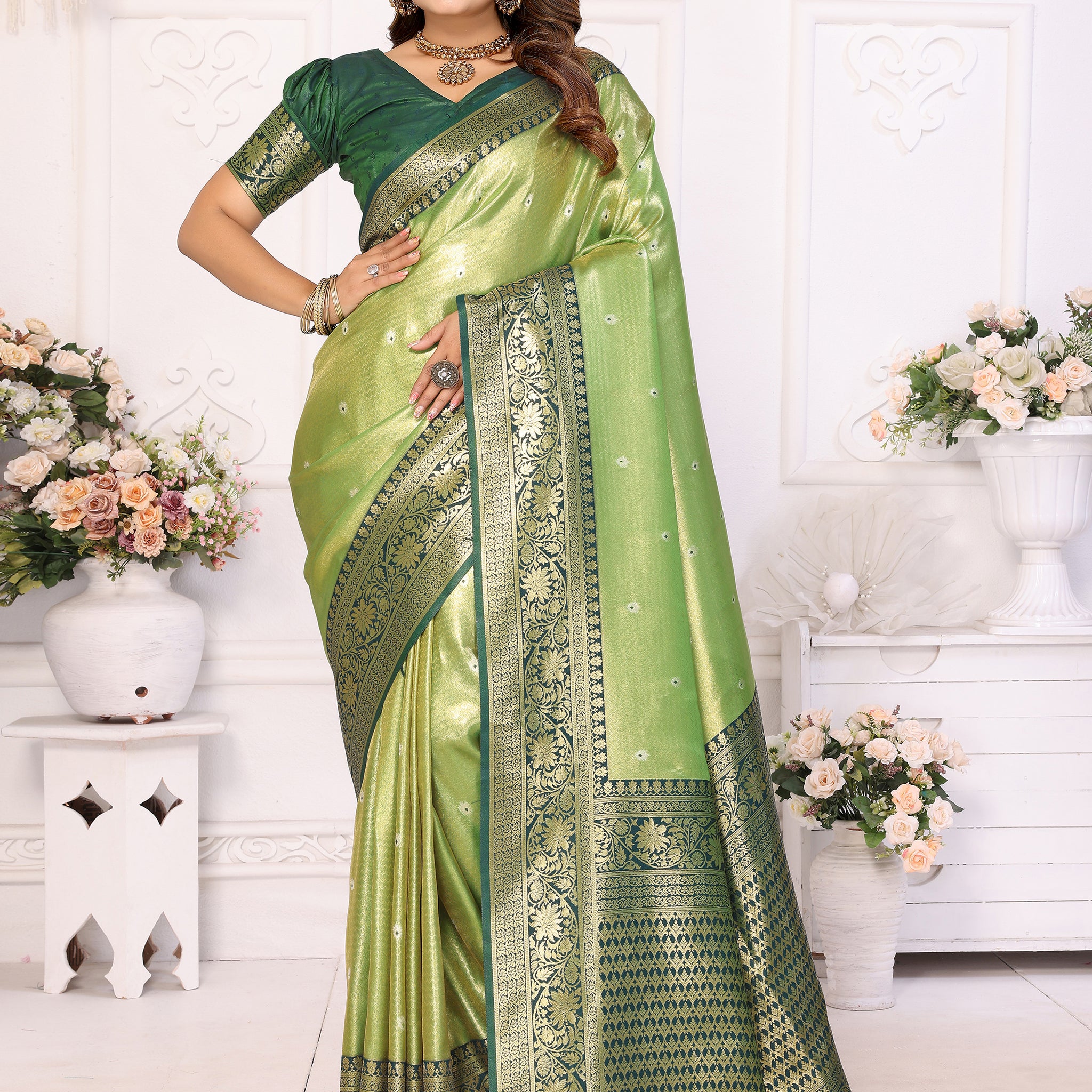 Bewitching Green Zari Weaving Banarasi Silk Evening Wear Saree