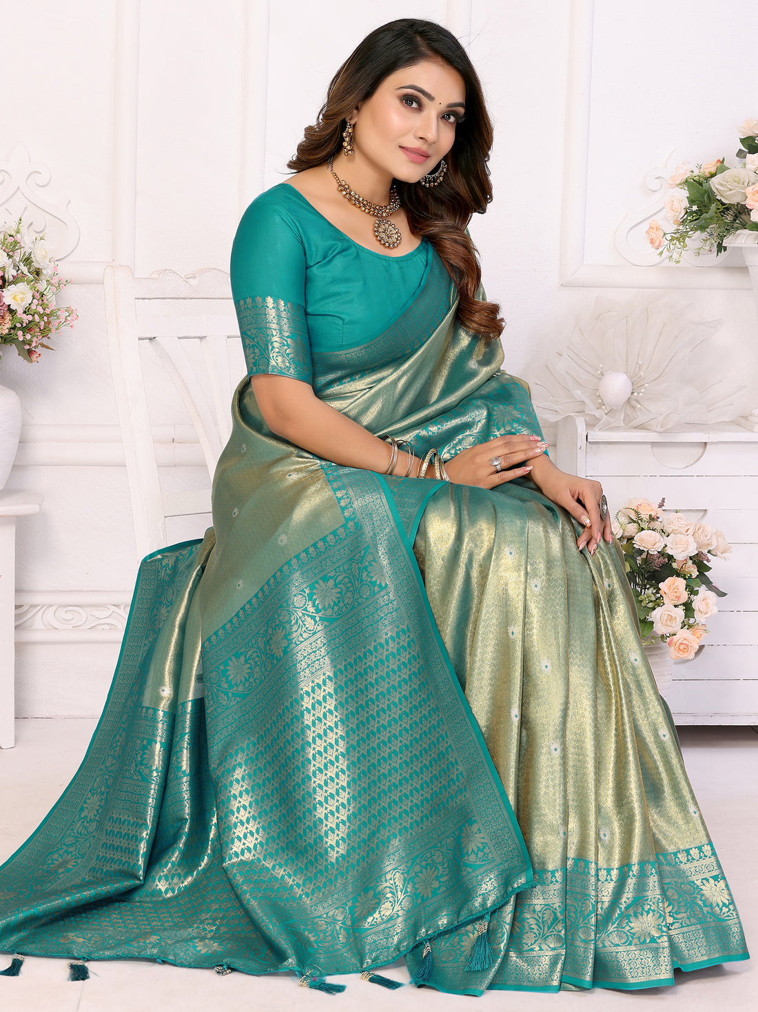 Attractive Sea Green Zari Weaving Banarasi Silk Festive Wear Saree