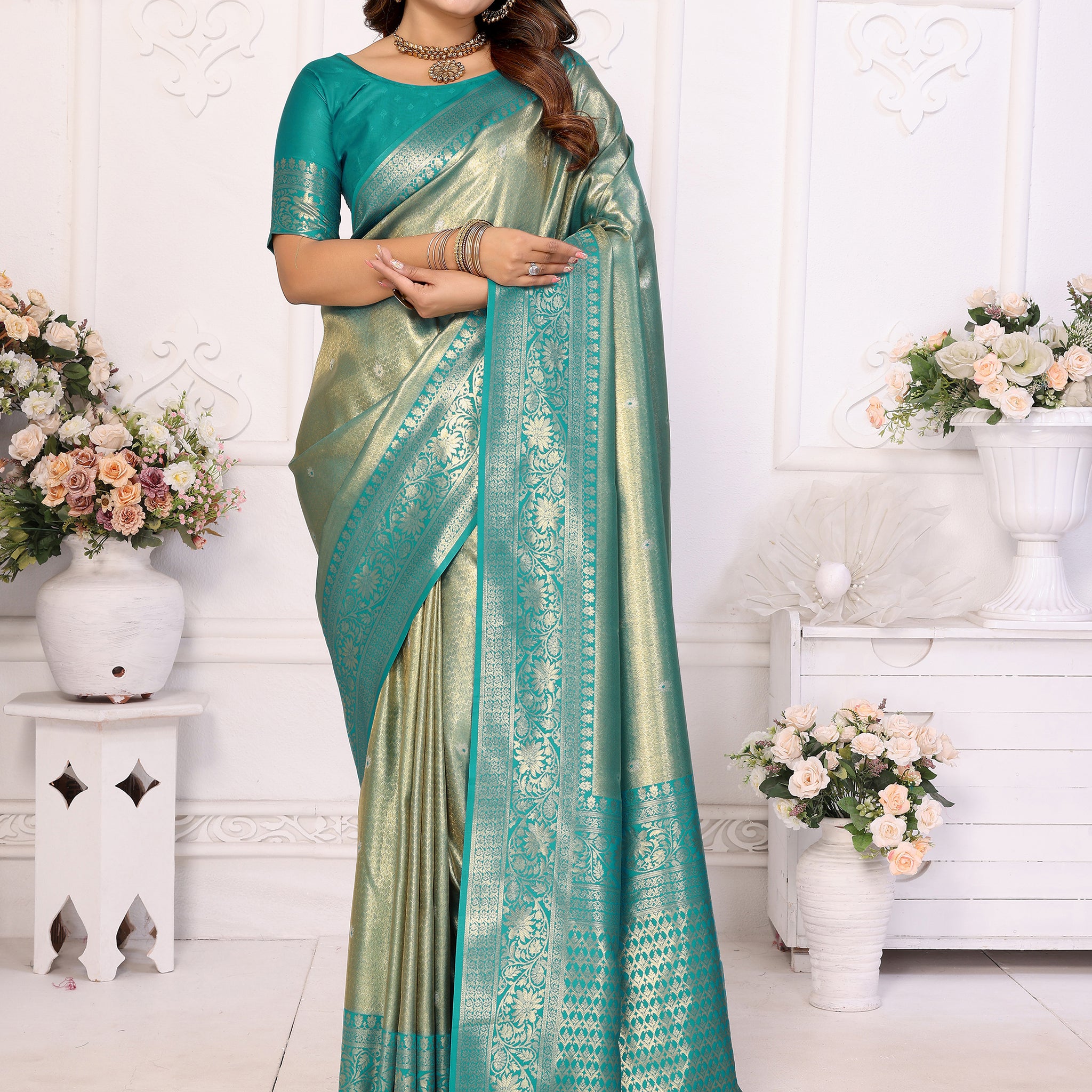 Attractive Sea Green Zari Weaving Banarasi Silk Festive Wear Saree
