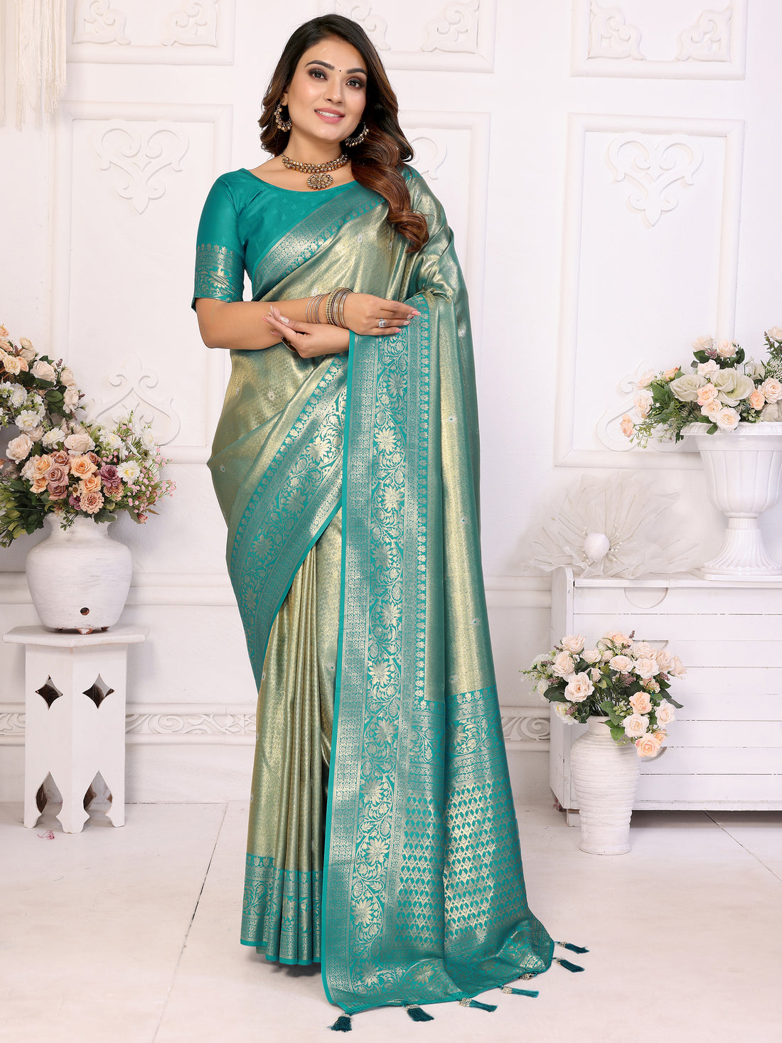 Attractive Sea Green Zari Weaving Banarasi Silk Festive Wear Saree