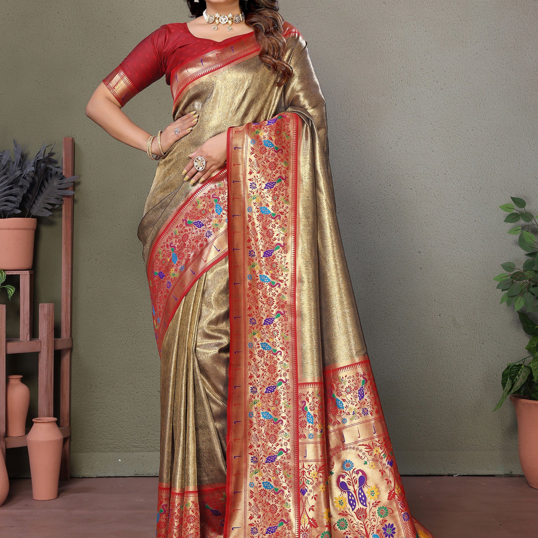 Incredible Brown Zari Weaving Banarasi Silk Festive Wear Saree