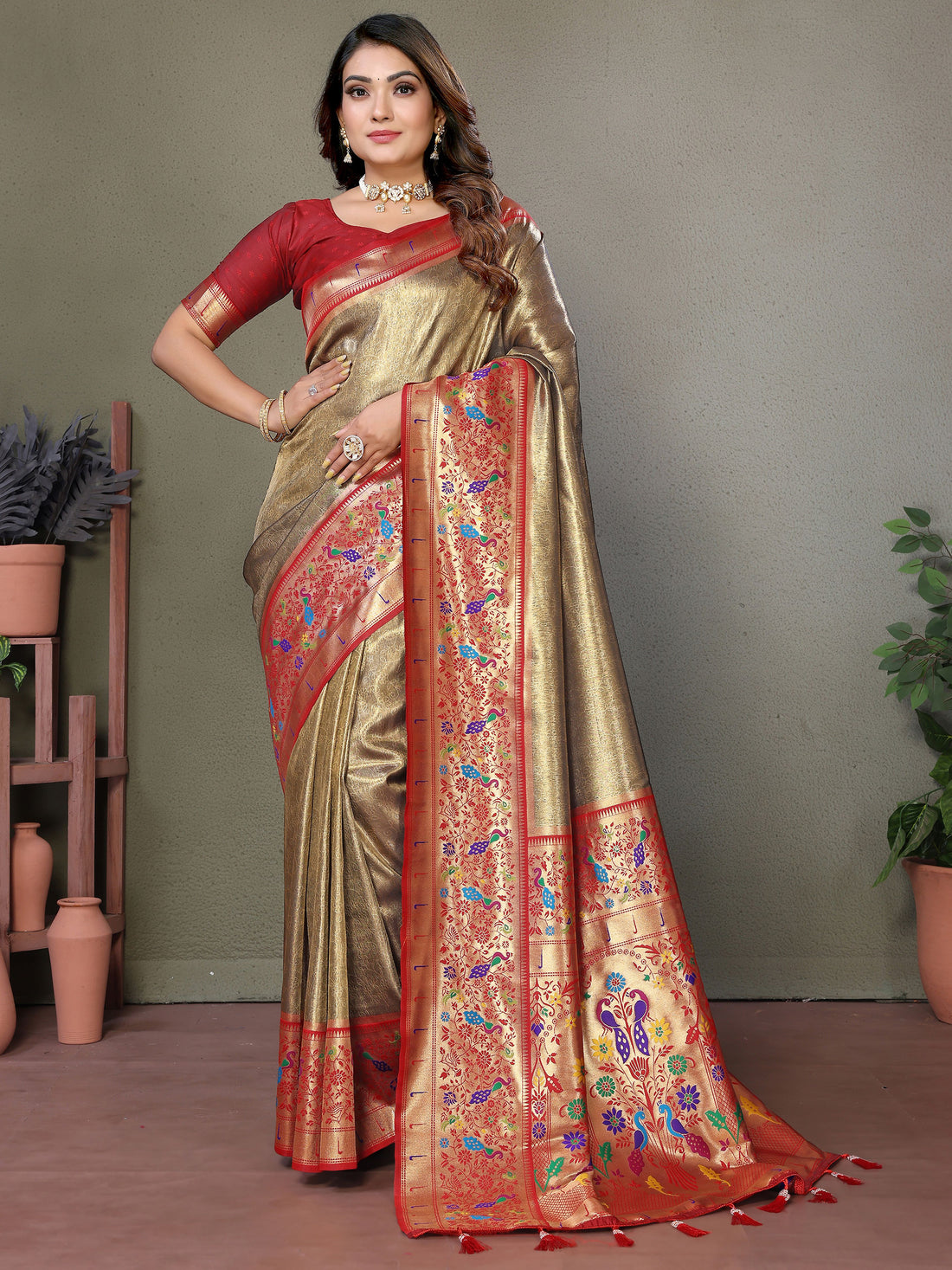 Incredible Brown Zari Weaving Banarasi Silk Festive Wear Saree