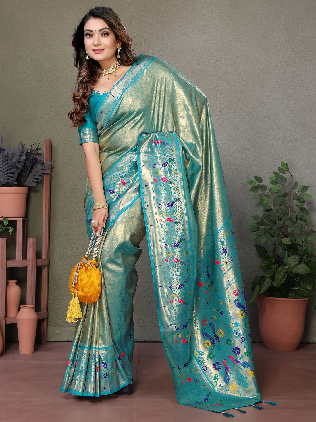 Attractive Sky Blue Zari Weaving Banarasi Silk Paithani Saree With Blouse
