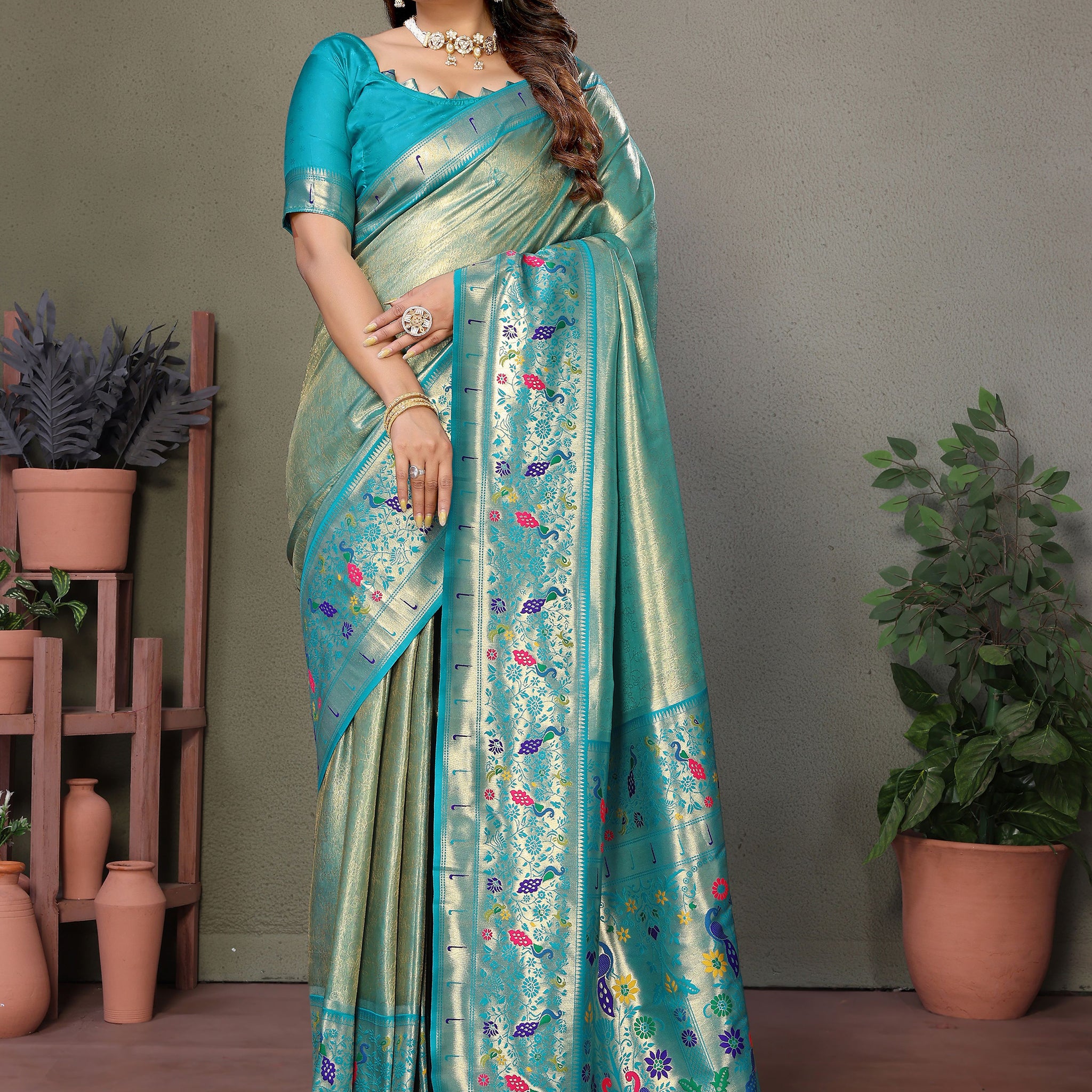 Attractive Sky Blue Zari Weaving Banarasi Silk Paithani Saree With Blouse