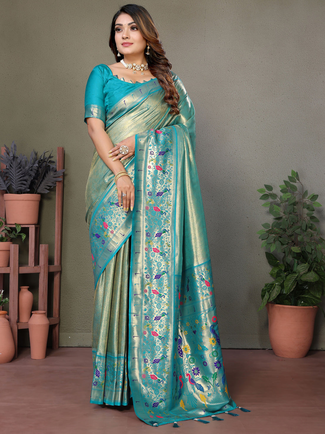 Attractive Sky Blue Zari Weaving Banarasi Silk Paithani Saree With Blouse
