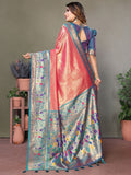 Bewitching Coral Red Zari Weaving Banarasi Silk Traditional Wear Saree