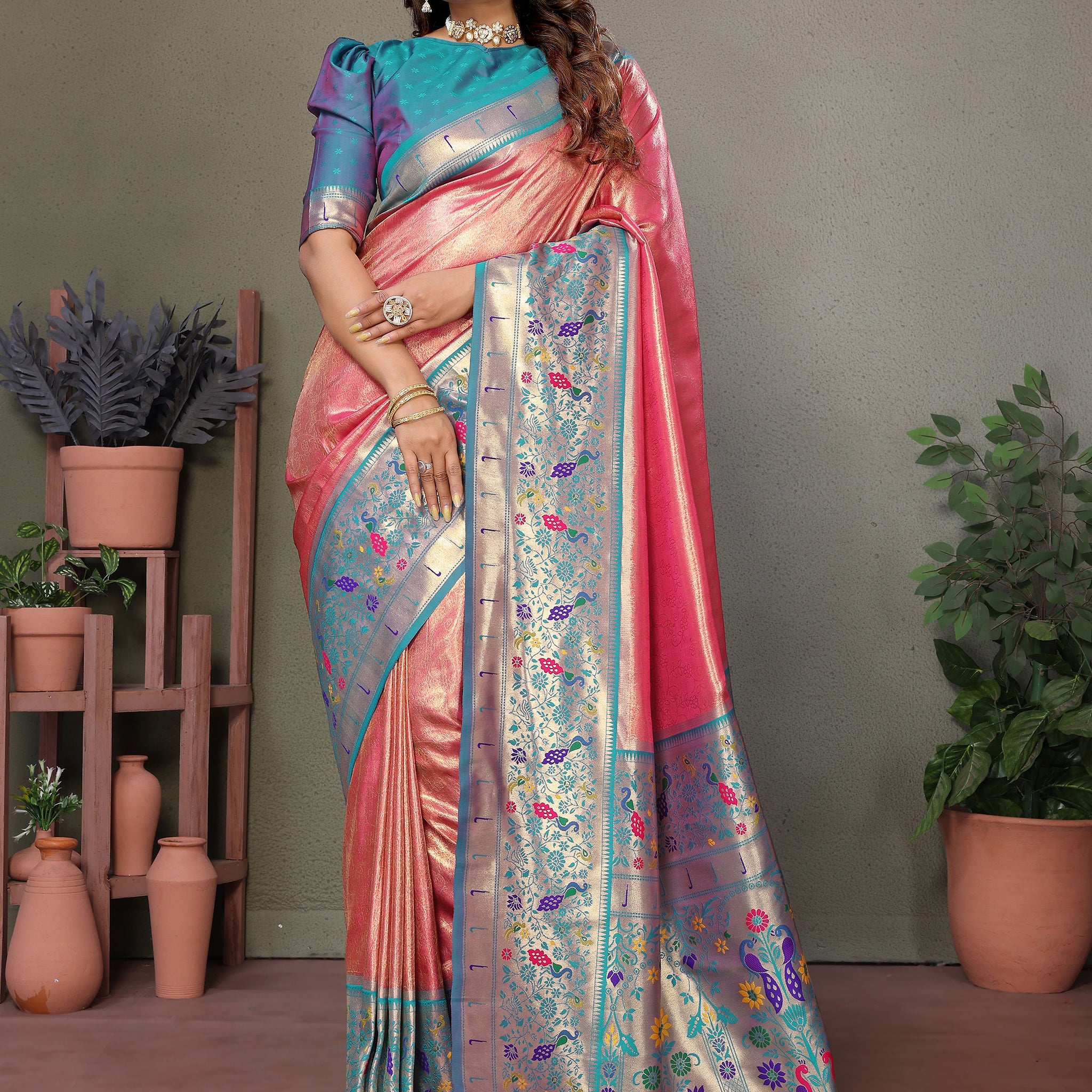 Bewitching Coral Red Zari Weaving Banarasi Silk Traditional Wear Saree