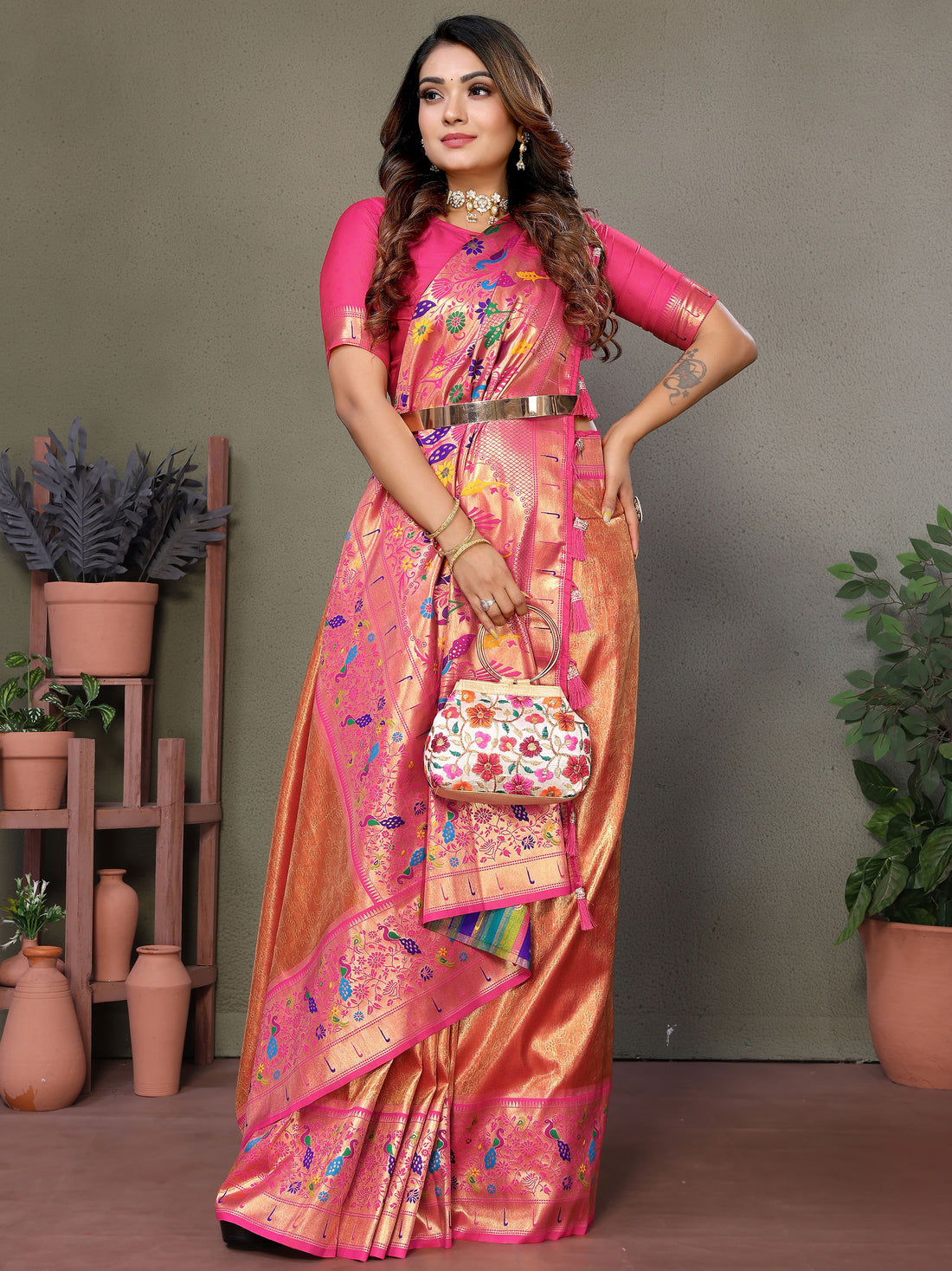 Alluring Orange Zari Weaving Banarasi Silk Paithani Saree With Blouse