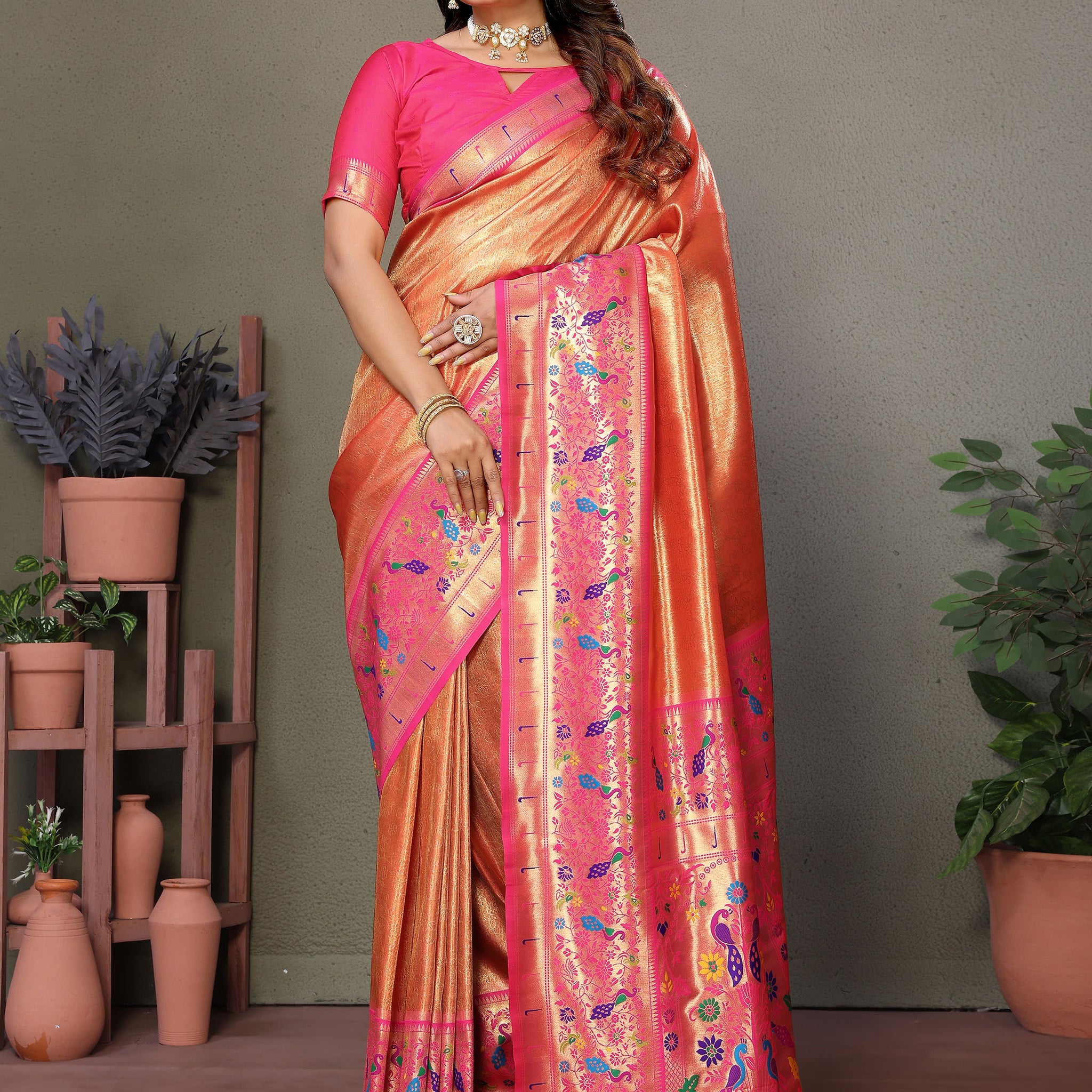 Alluring Orange Zari Weaving Banarasi Silk Paithani Saree With Blouse