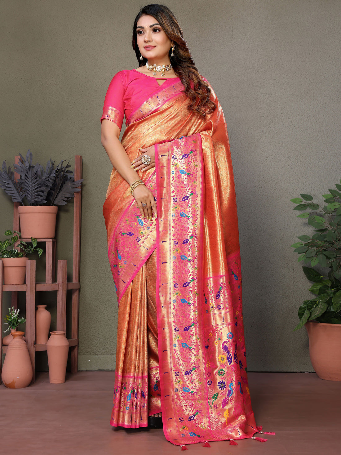 Alluring Orange Zari Weaving Banarasi Silk Paithani Saree With Blouse