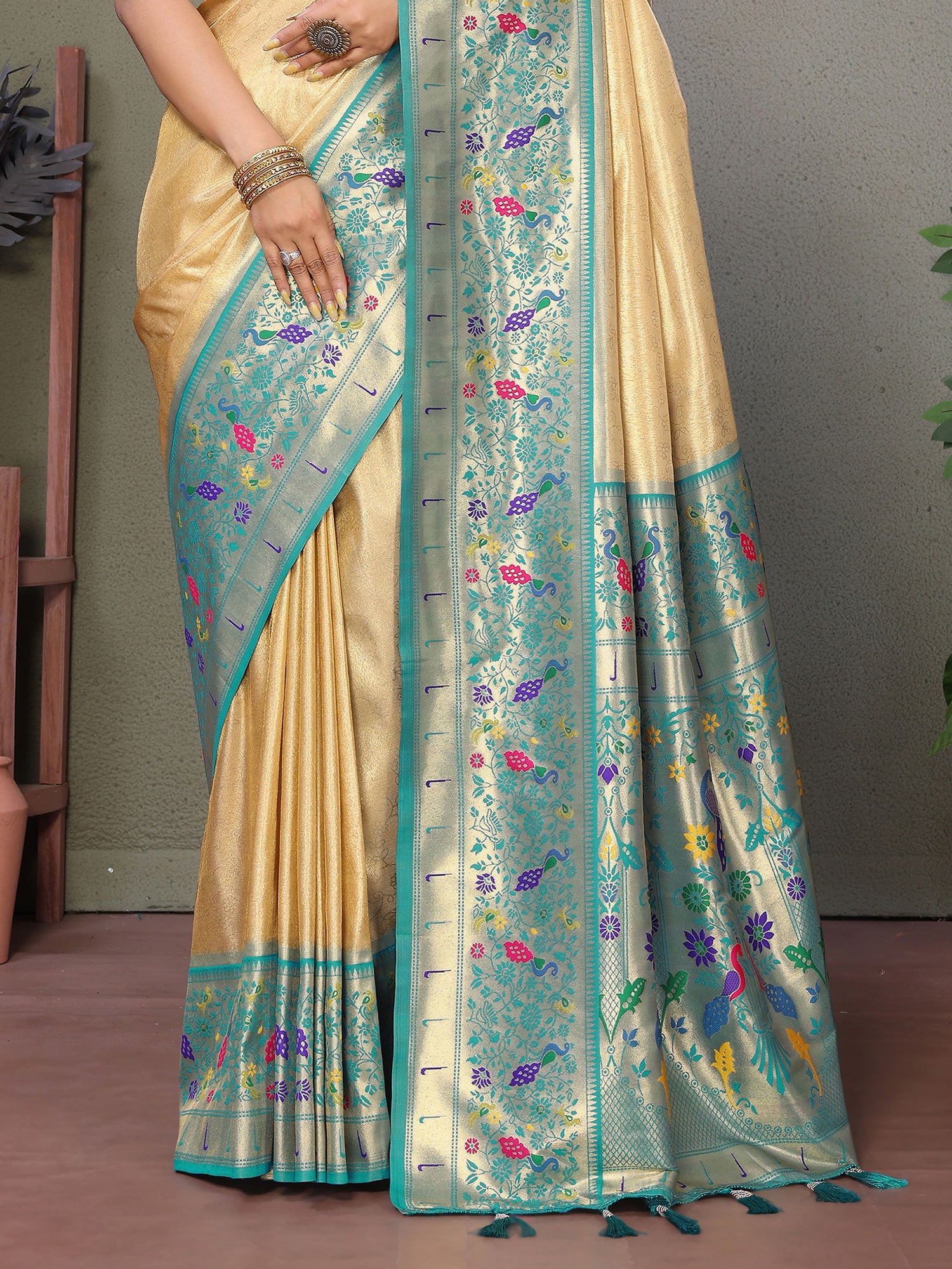 Captivating Beige Zari Weaving Banarasi Silk Festive Wear Saree With Blouse