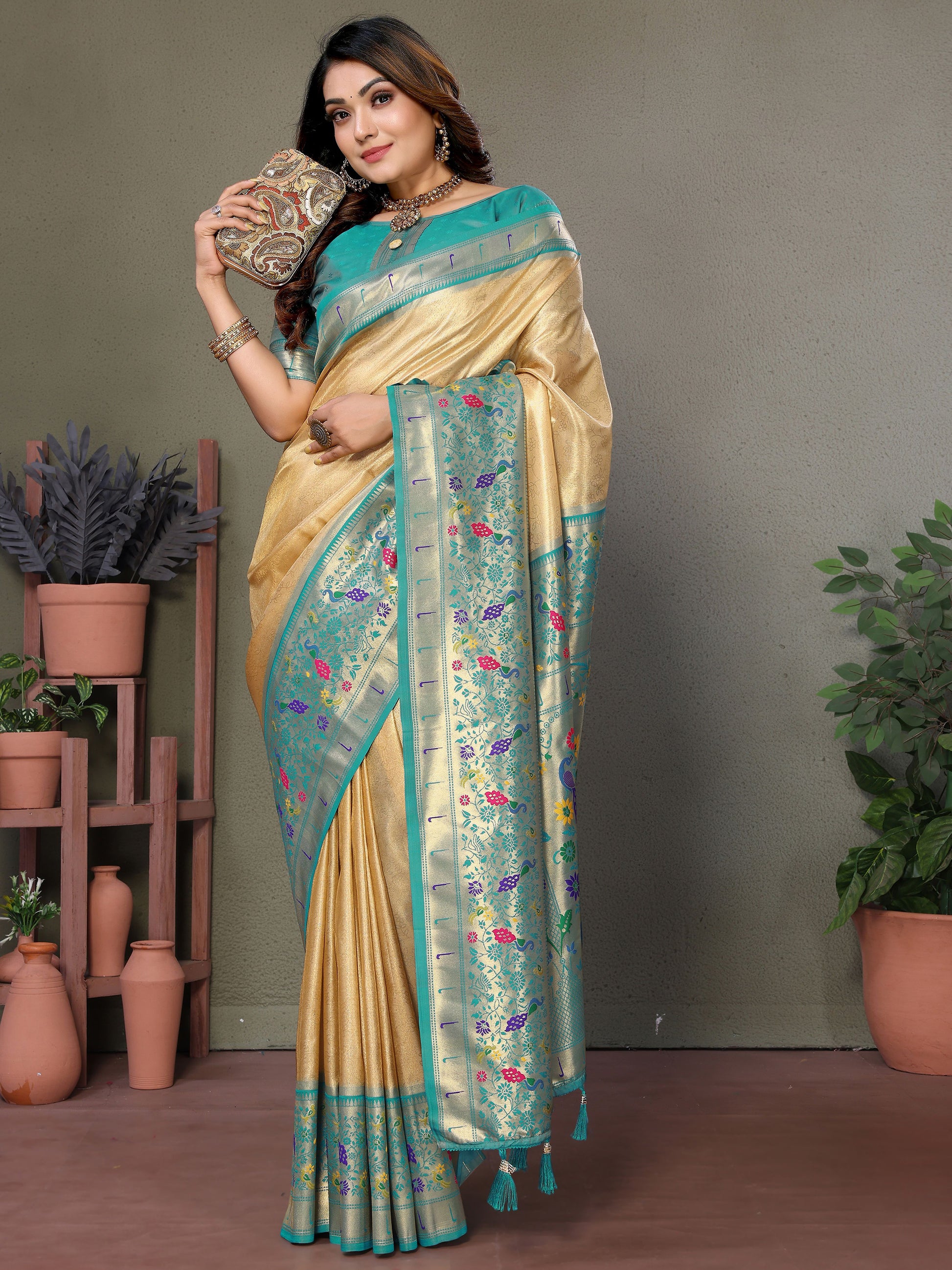 Captivating Beige Zari Weaving Banarasi Silk Festive Wear Saree With Blouse