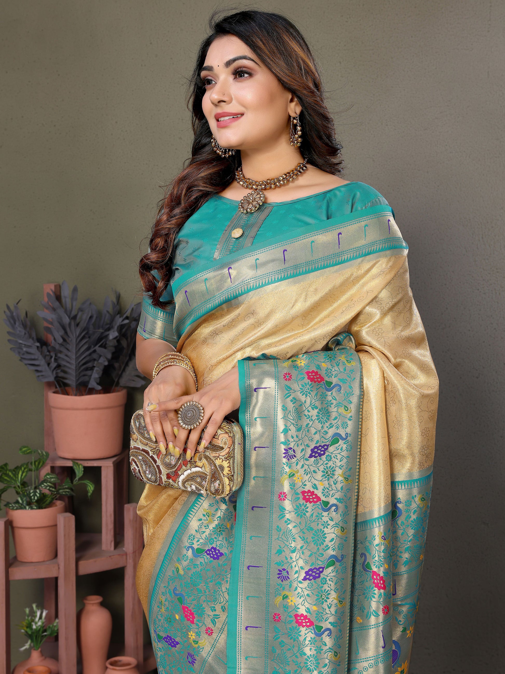 Captivating Beige Zari Weaving Banarasi Silk Festive Wear Saree With Blouse
