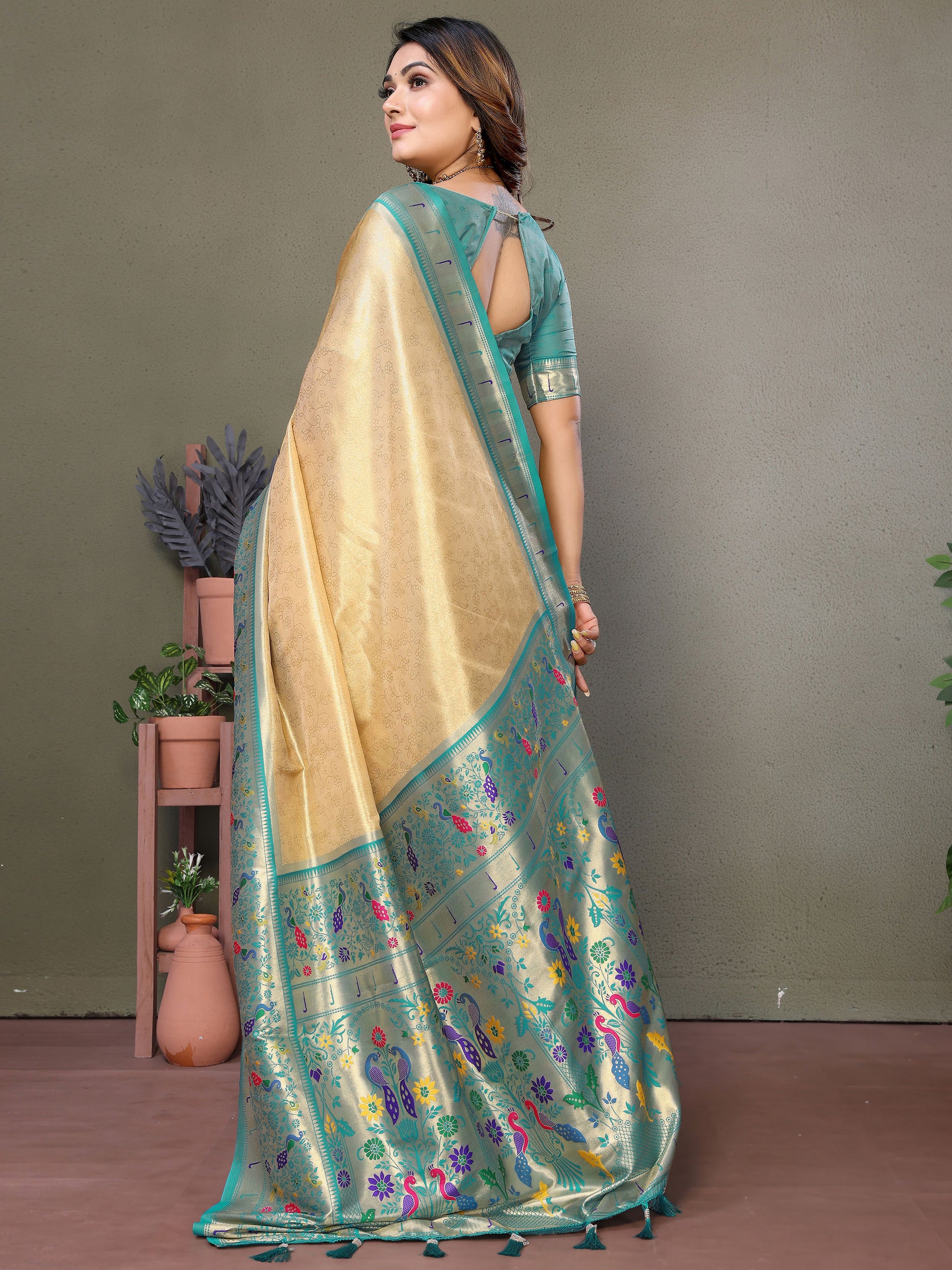 Captivating Beige Zari Weaving Banarasi Silk Festive Wear Saree With Blouse