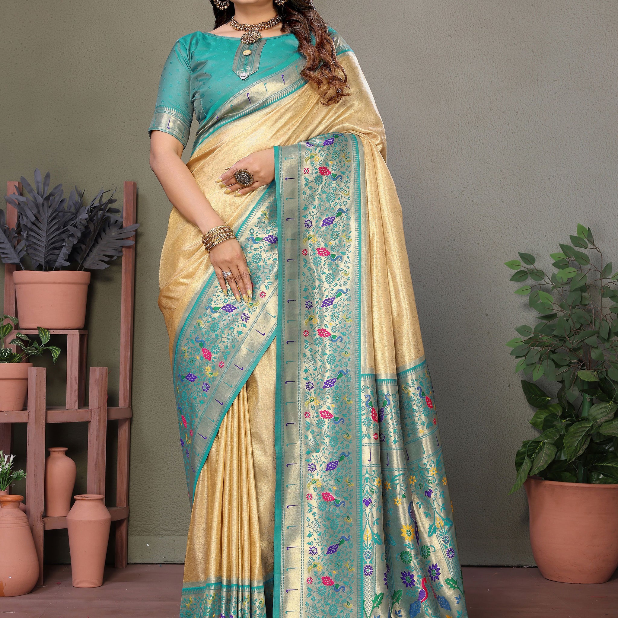 Captivating Beige Zari Weaving Banarasi Silk Festive Wear Saree With Blouse