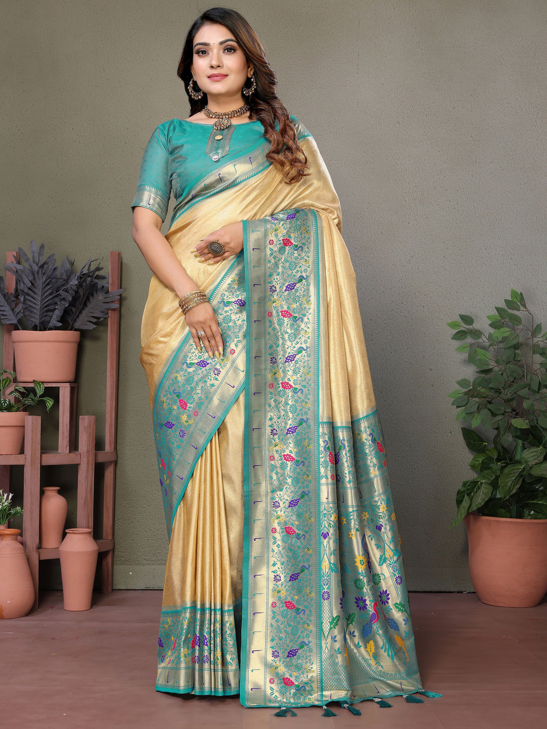 Captivating Beige Zari Weaving Banarasi Silk Festive Wear Saree With Blouse