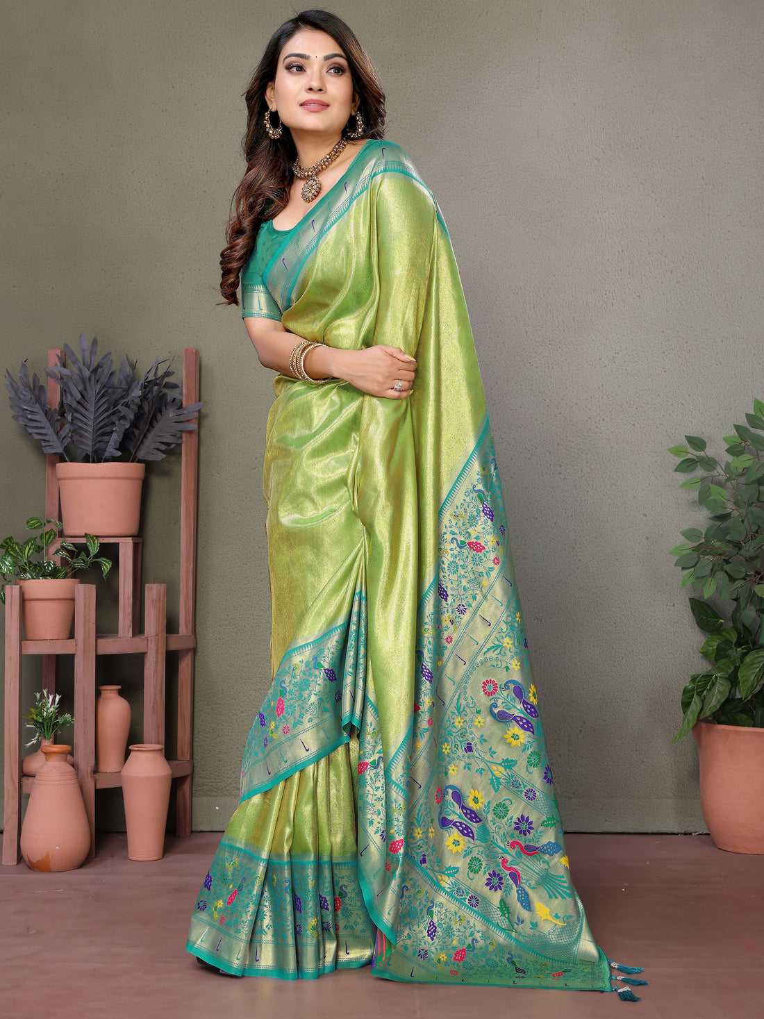 Spectacular Olive Green Zari Weaving Banarasi Silk Traditional Wear Saree