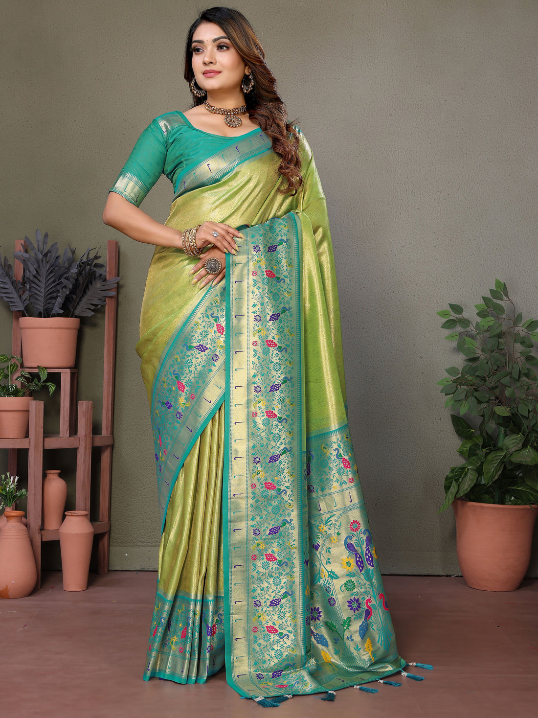 Spectacular Olive Green Zari Weaving Banarasi Silk Traditional Wear Saree