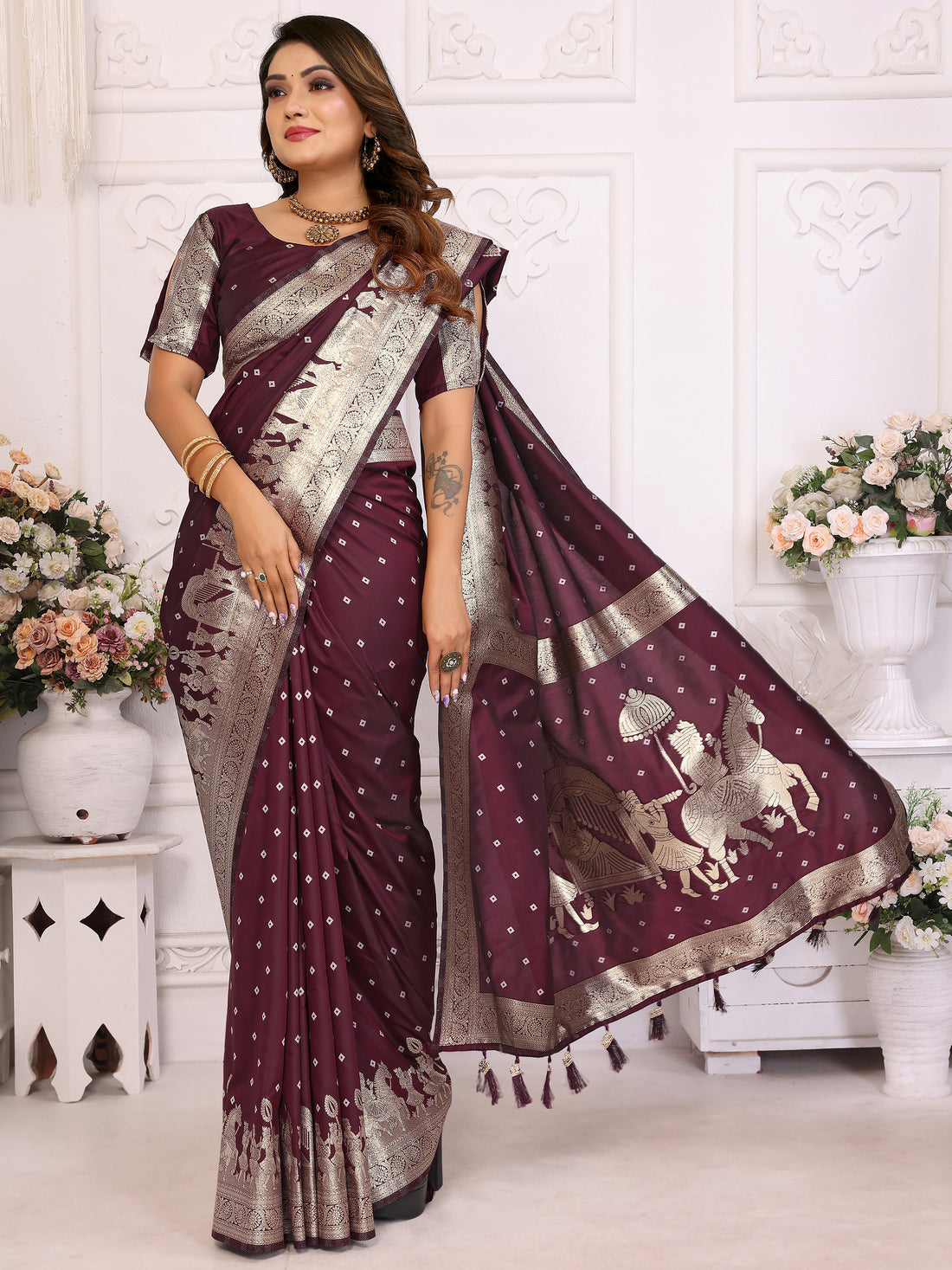 Gorgeous Brown Zari Weaving Kochi Silk Festive Wear Saree With Blouse